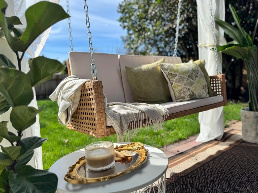 YITAHOME Hanging Porch Swing Chair Sits 3 People, Wicker Outdoor Swing Bench, Patio Lounge Chair, 1 Seating Cushion and 3 Back Cushions, w/Removable Covers, for Garden, Balcony, Backyard, Brown - Wigtrends