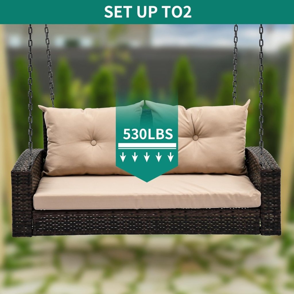 YITAHOME Hanging Porch Swing Chair Sits 3 People, Wicker Outdoor Swing Bench, Patio Lounge Chair, 1 Seating Cushion and 3 Back Cushions, w/Removable Covers, for Garden, Balcony, Backyard, Brown - Wigtrends