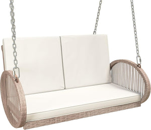 YITAHOME Hanging Porch Swing Chair Sits 3 People, Wicker Outdoor Swing Bench, Patio Lounge Chair, 1 Seating Cushion and 3 Back Cushions, w/Removable Covers, for Garden, Balcony, Backyard, Brown - Wigtrends