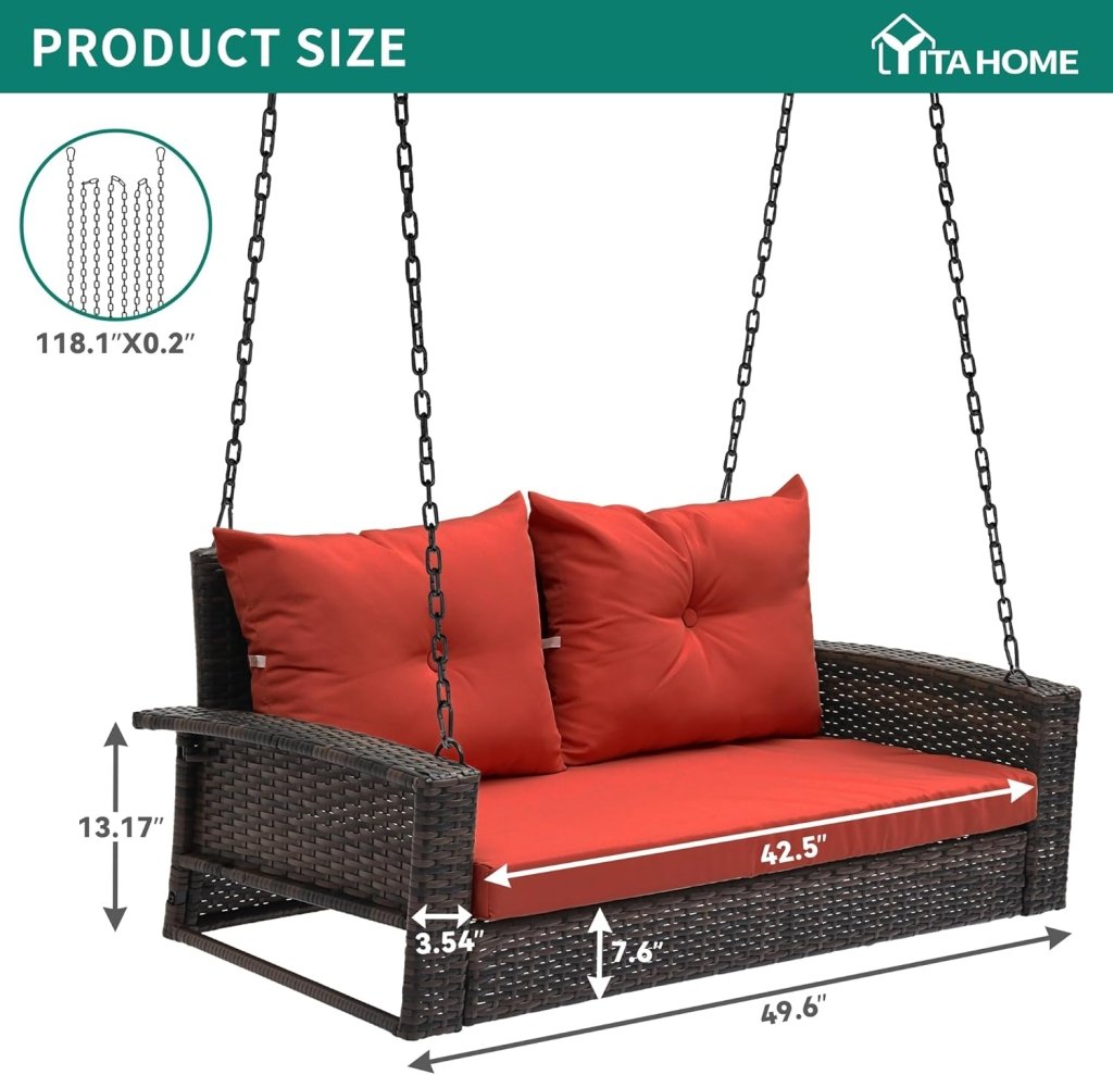 YITAHOME Hanging Porch Swing Chair Sits 3 People, Wicker Outdoor Swing Bench, Patio Lounge Chair, 1 Seating Cushion and 3 Back Cushions, w/Removable Covers, for Garden, Balcony, Backyard, Brown - Wigtrends