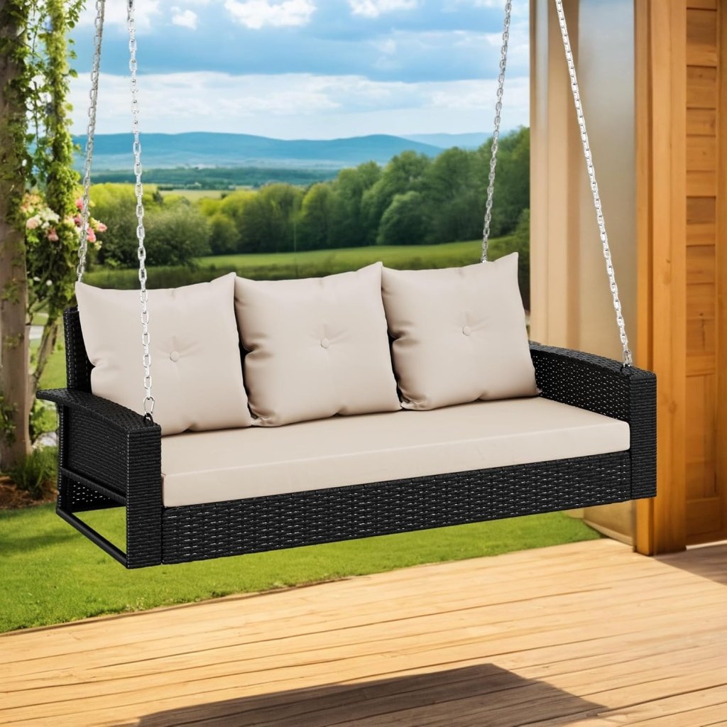 YITAHOME Hanging Porch Swing Chair Sits 3 People, Wicker Outdoor Swing Bench, Patio Lounge Chair, 1 Seating Cushion and 3 Back Cushions, w/Removable Covers, for Garden, Balcony, Backyard, Brown - Wigtrends