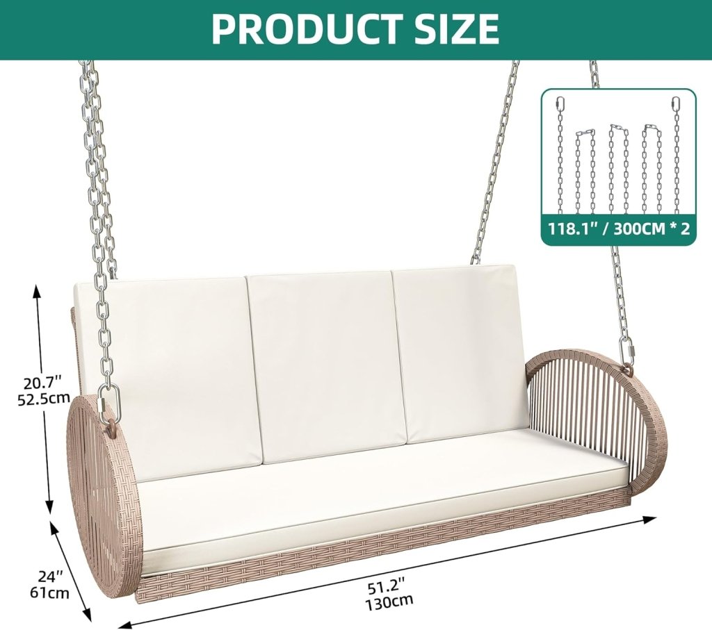 YITAHOME Hanging Porch Swing Chair Sits 3 People, Wicker Outdoor Swing Bench, Patio Lounge Chair, 1 Seating Cushion and 3 Back Cushions, w/Removable Covers, for Garden, Balcony, Backyard, Brown - Wigtrends