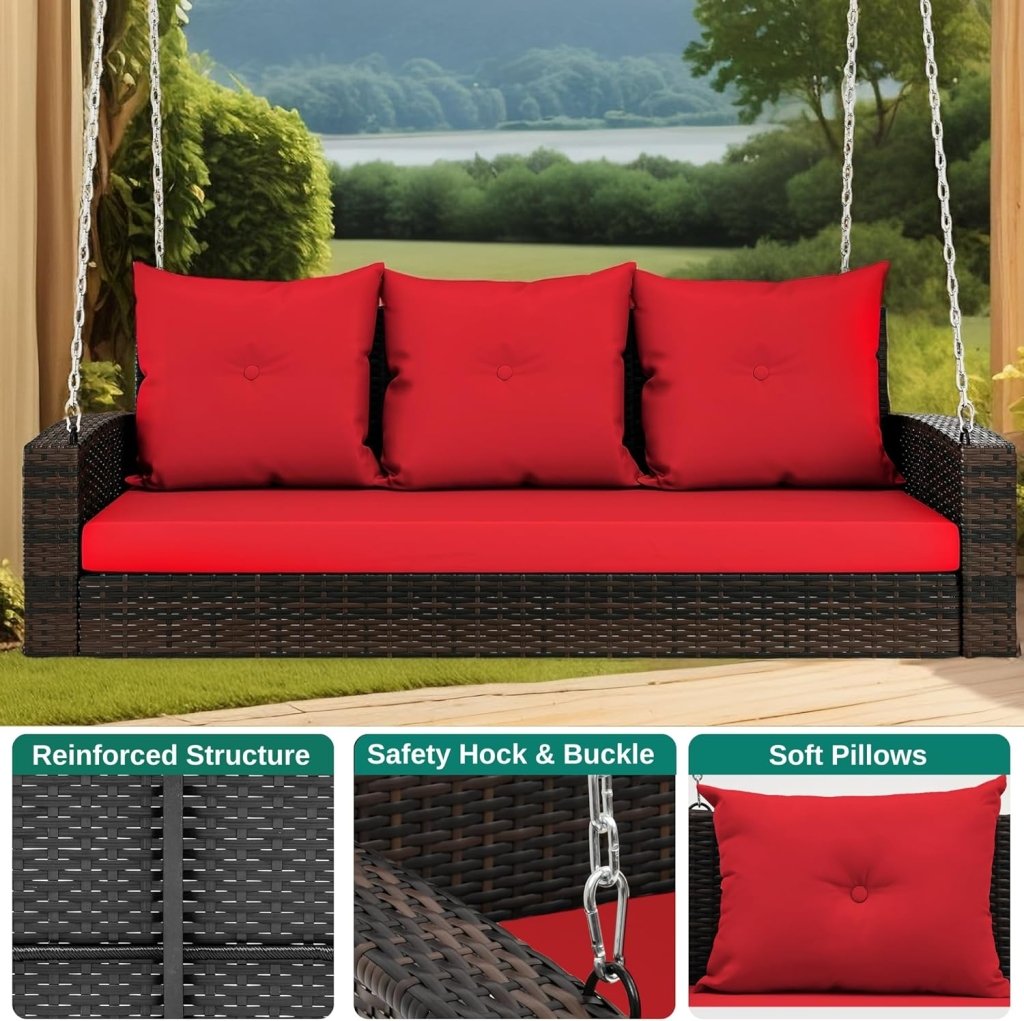 YITAHOME Hanging Porch Swing Chair Sits 3 People, Wicker Outdoor Swing Bench, Patio Lounge Chair, 1 Seating Cushion and 3 Back Cushions, w/Removable Covers, for Garden, Balcony, Backyard, Brown - Wigtrends