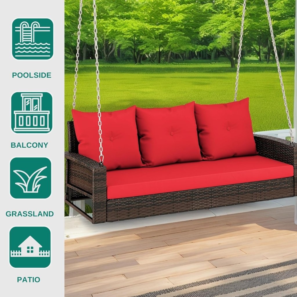 YITAHOME Hanging Porch Swing Chair Sits 3 People, Wicker Outdoor Swing Bench, Patio Lounge Chair, 1 Seating Cushion and 3 Back Cushions, w/Removable Covers, for Garden, Balcony, Backyard, Brown - Wigtrends
