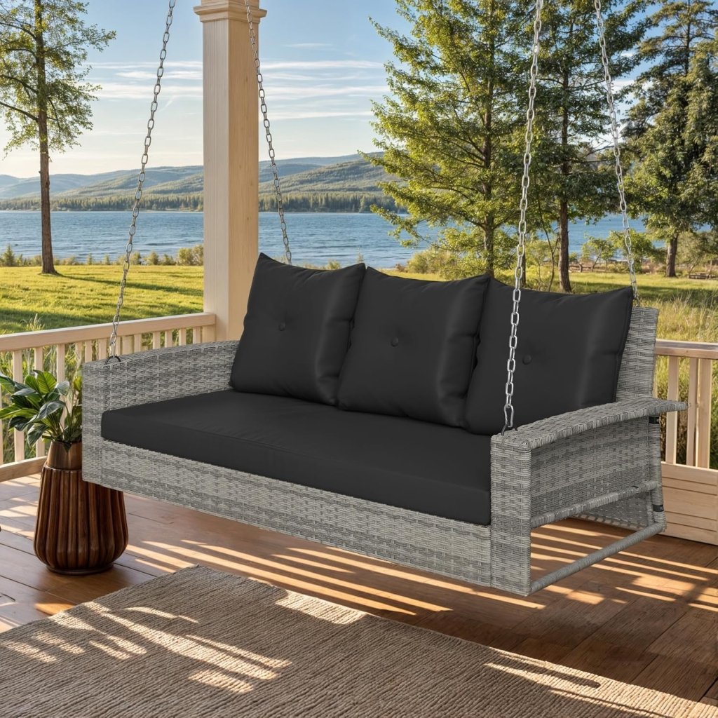 YITAHOME Hanging Porch Swing Chair Sits 3 People, Wicker Outdoor Swing Bench, Patio Lounge Chair, 1 Seating Cushion and 3 Back Cushions, w/Removable Covers, for Garden, Balcony, Backyard, Brown - Wigtrends