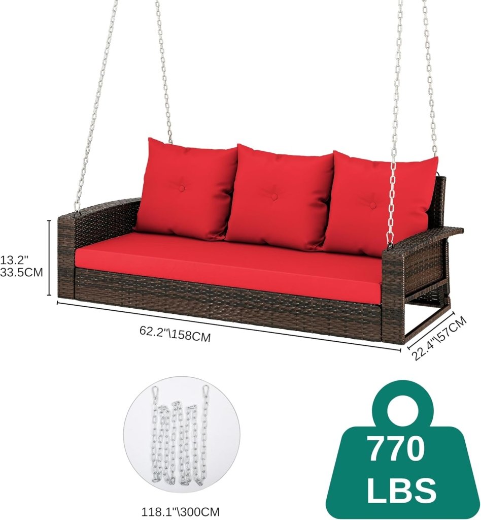 YITAHOME Hanging Porch Swing Chair Sits 3 People, Wicker Outdoor Swing Bench, Patio Lounge Chair, 1 Seating Cushion and 3 Back Cushions, w/Removable Covers, for Garden, Balcony, Backyard, Brown - Wigtrends