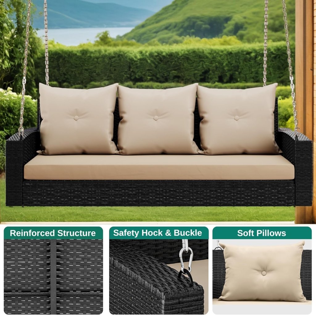 YITAHOME Hanging Porch Swing Chair Sits 3 People, Wicker Outdoor Swing Bench, Patio Lounge Chair, 1 Seating Cushion and 3 Back Cushions, w/Removable Covers, for Garden, Balcony, Backyard, Brown - Wigtrends