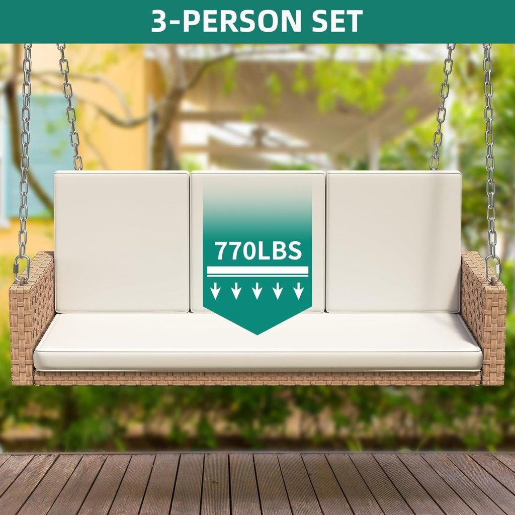 YITAHOME Hanging Porch Swing Chair Sits 3 People, Wicker Outdoor Swing Bench, Patio Lounge Chair, 1 Seating Cushion and 3 Back Cushions, w/Removable Covers, for Garden, Balcony, Backyard, Brown - Wigtrends