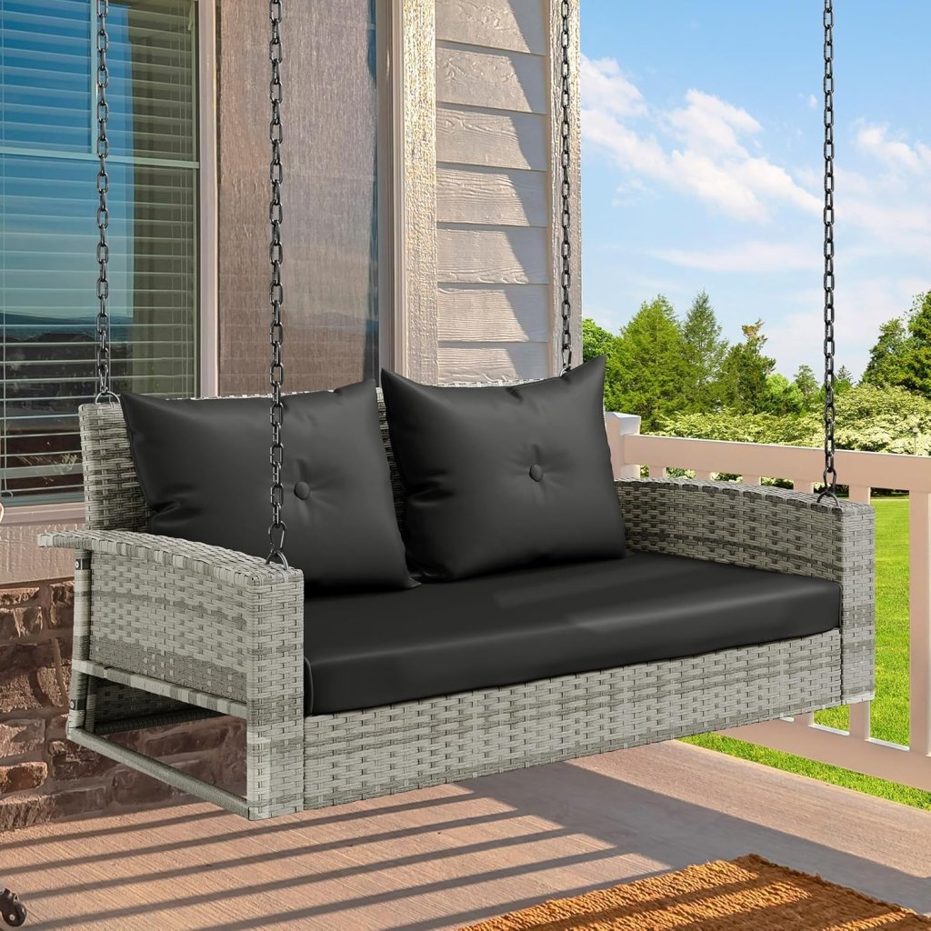 YITAHOME Hanging Porch Swing Chair Sits 3 People, Wicker Outdoor Swing Bench, Patio Lounge Chair, 1 Seating Cushion and 3 Back Cushions, w/Removable Covers, for Garden, Balcony, Backyard, Brown - Wigtrends